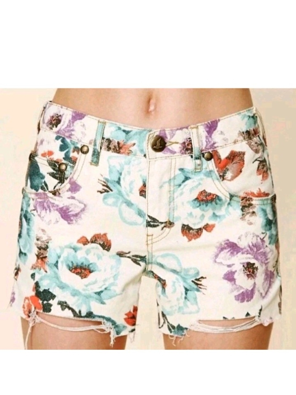 Free People High-Rise Floral Denim Shorts in Cream, Aqua & Purple